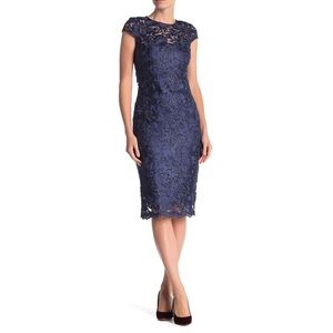 NEW Marina Scalloped Hem Lace In Navy Blue w Metallic Gold Cocktail Dress